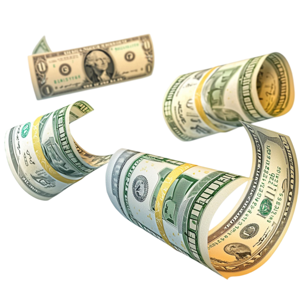 Rolled dollar bills floating in the air a crisp texture png