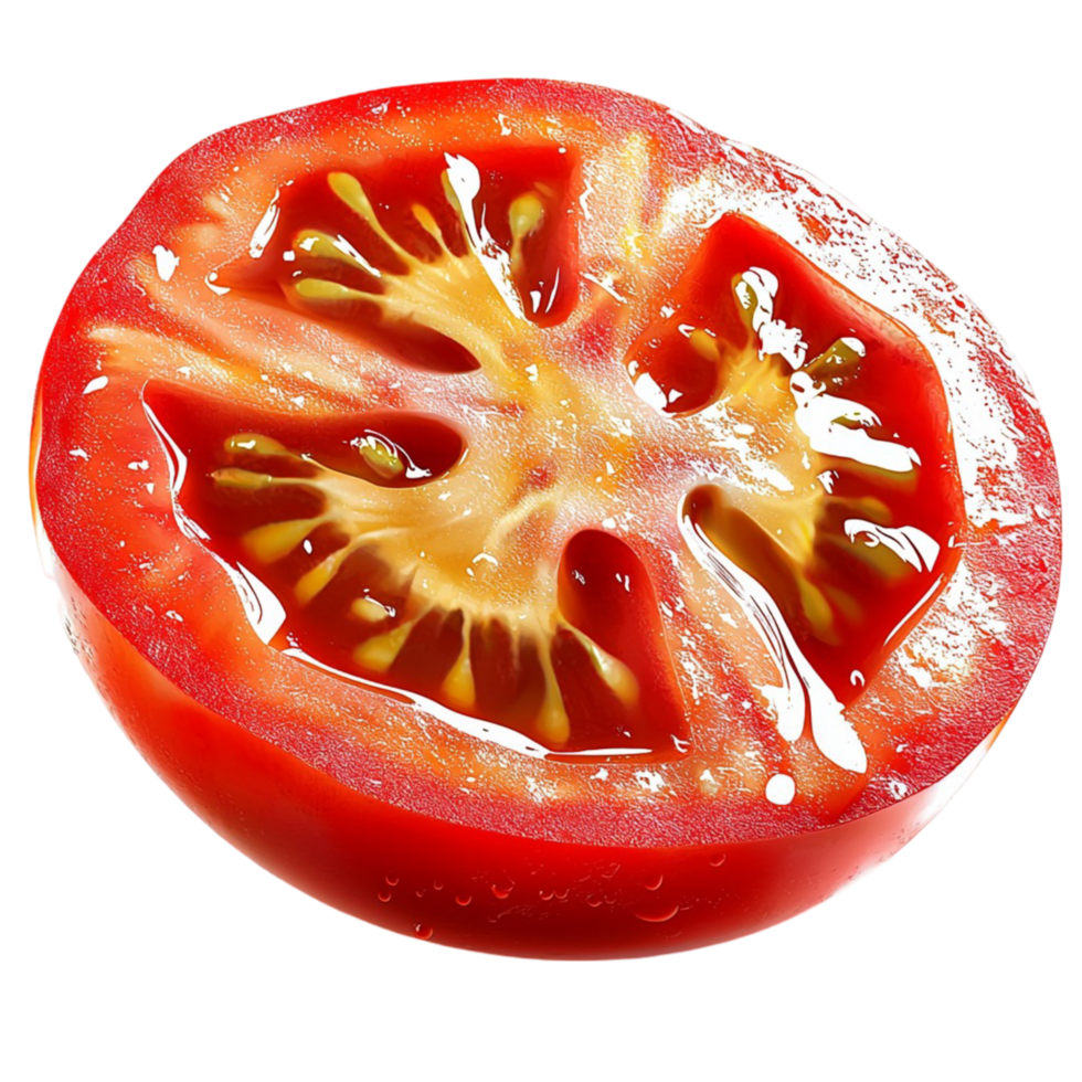 Juicy ripe tomato cut in half seeds pulp visible png