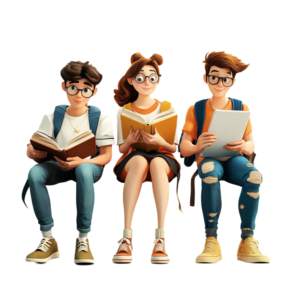 Three students sitting together reading books studying png