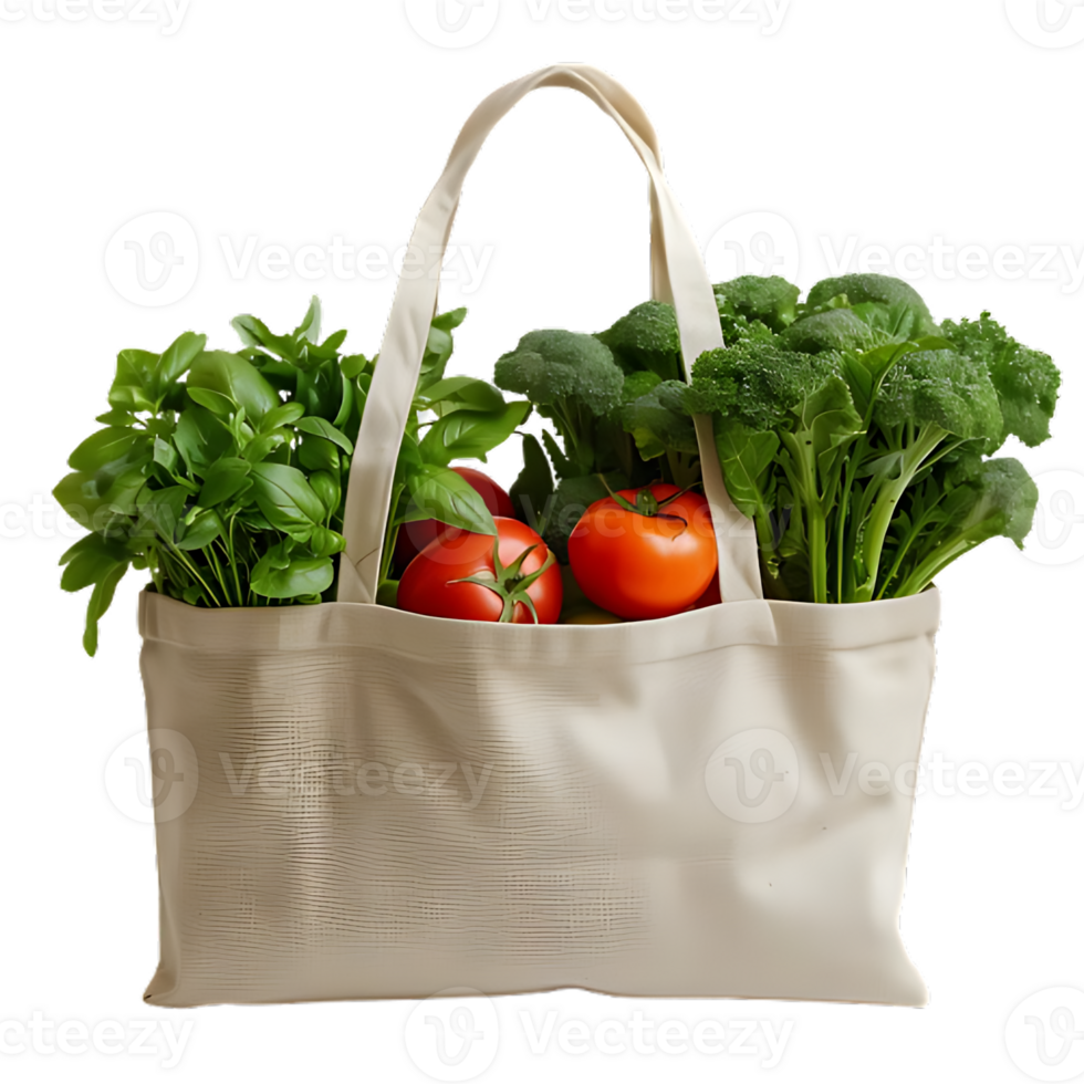 Reusable Canvas Tote Bag with Fresh Vegetables on White Background png