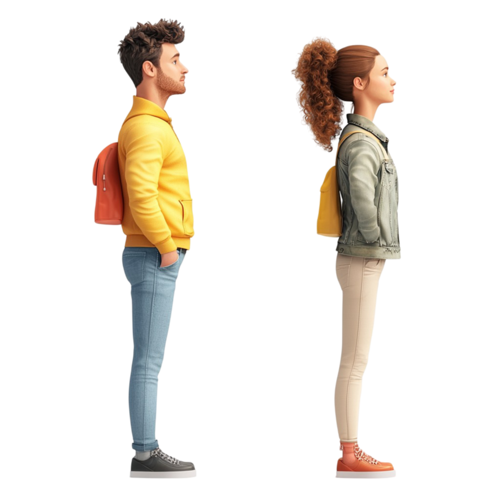 Two young travelers st facing opposite directions png