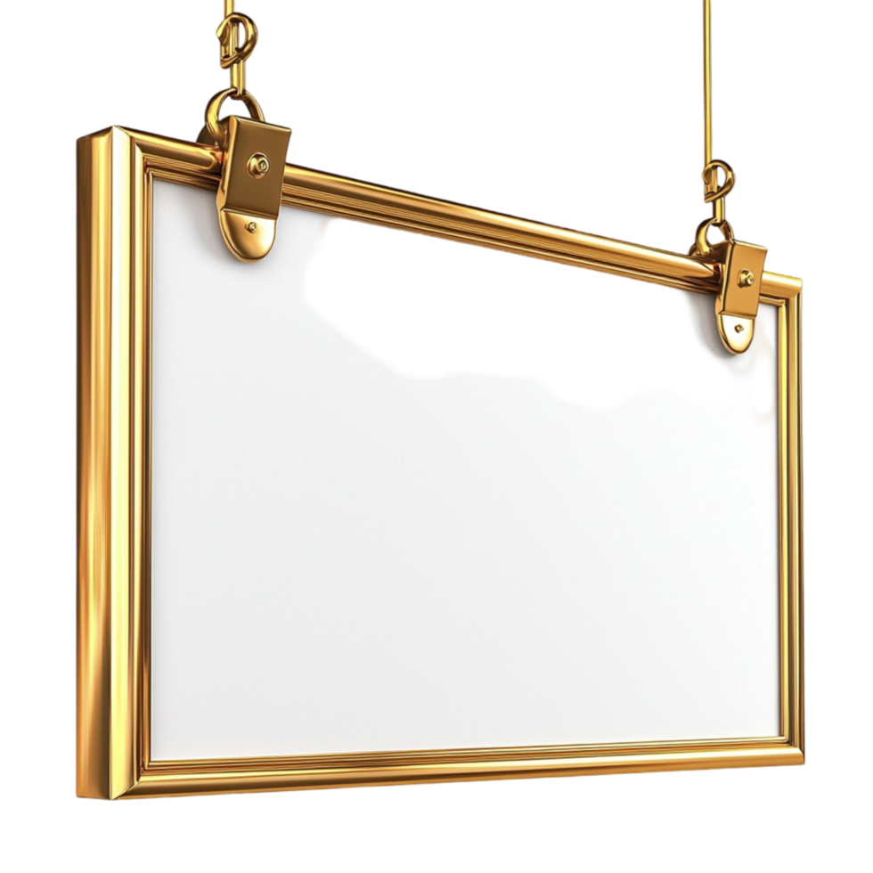 Luxurious golden picture frame hanging from two clips png