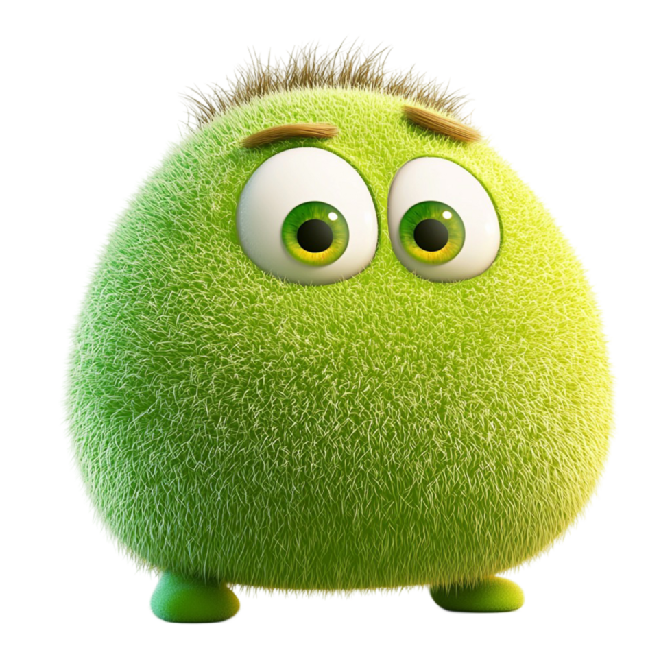 Cute fuzzy green monster big round eyes tiny feet png