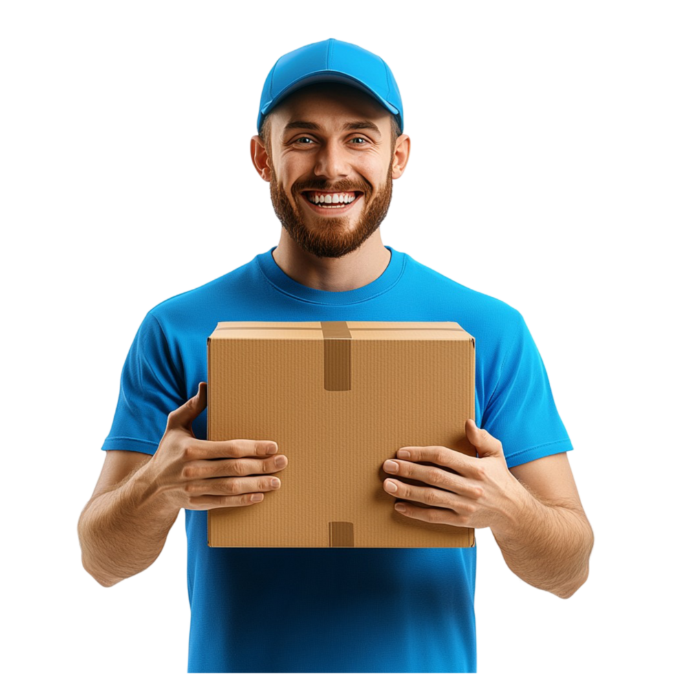 Delivery man in a blue uniform holding a cardboard box png