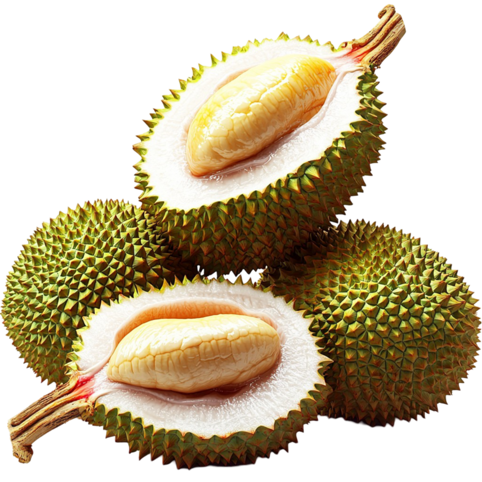 Pair of durian fruits sharp spiky shells creamy flesh png