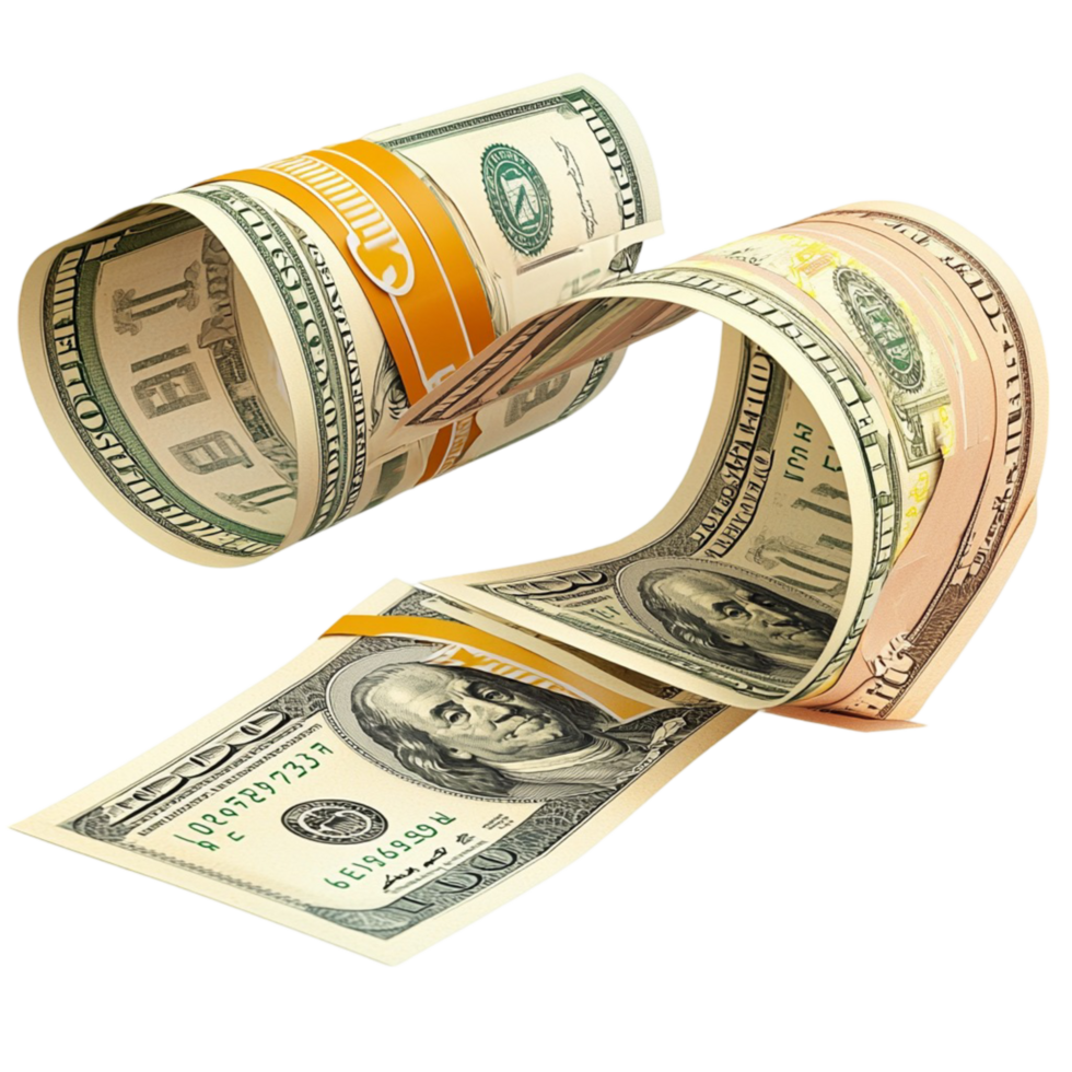 Roll of US dollar bills unfolds in a curved shape png
