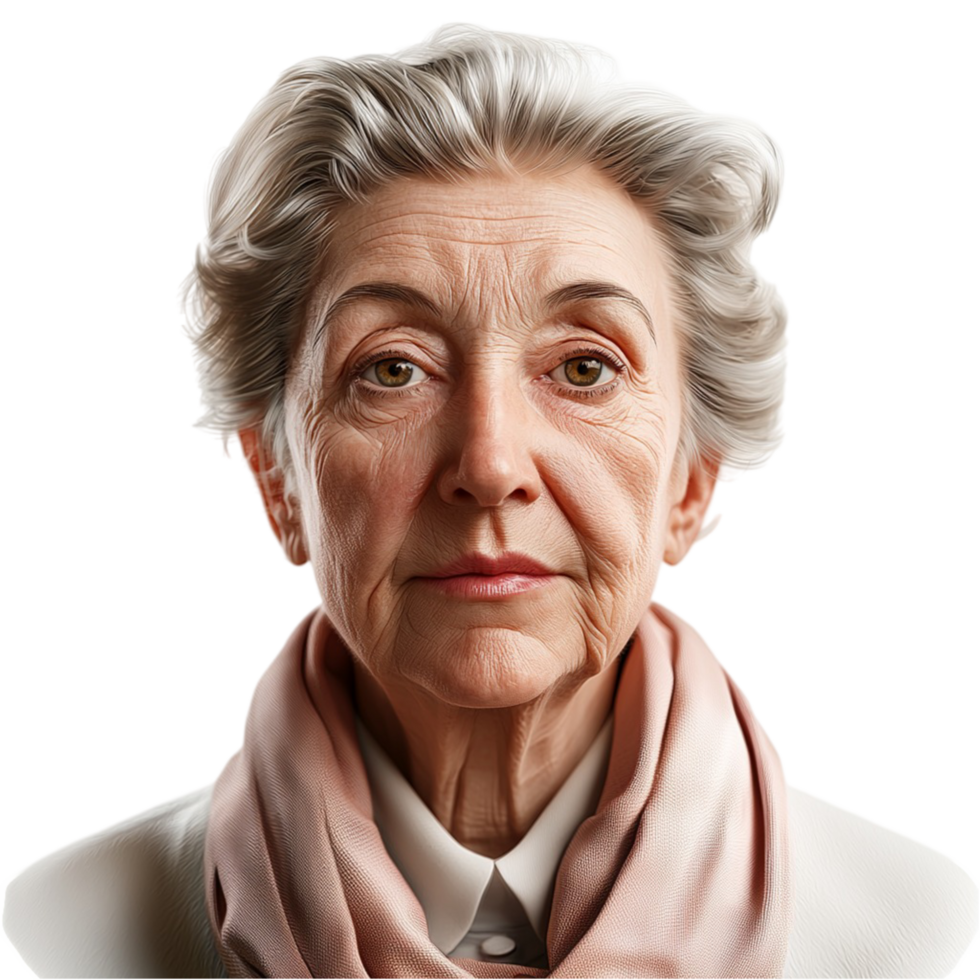 Elderly woman silver hair a serious expression png