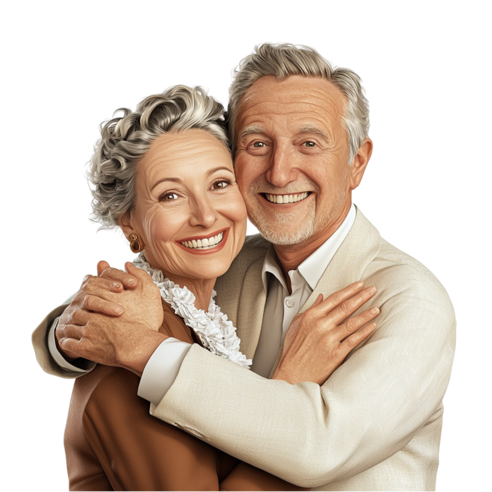Elderly couple smiling warmly while embracing each other png