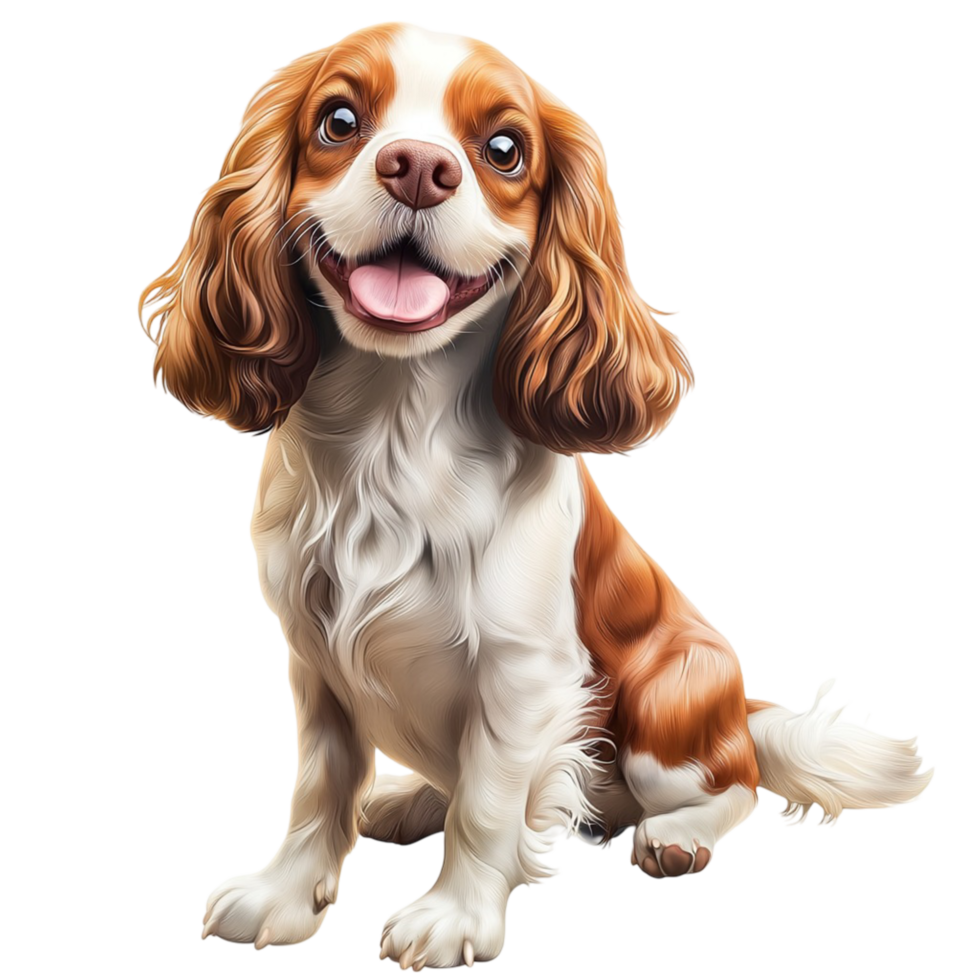 Happy brown white spaniel dog sitting its tongue out png