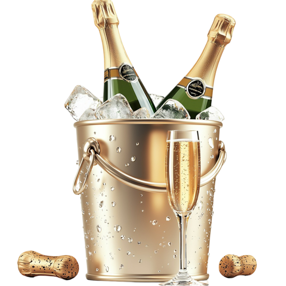 Golden champagne bucket filled ice two bottles of champagne png