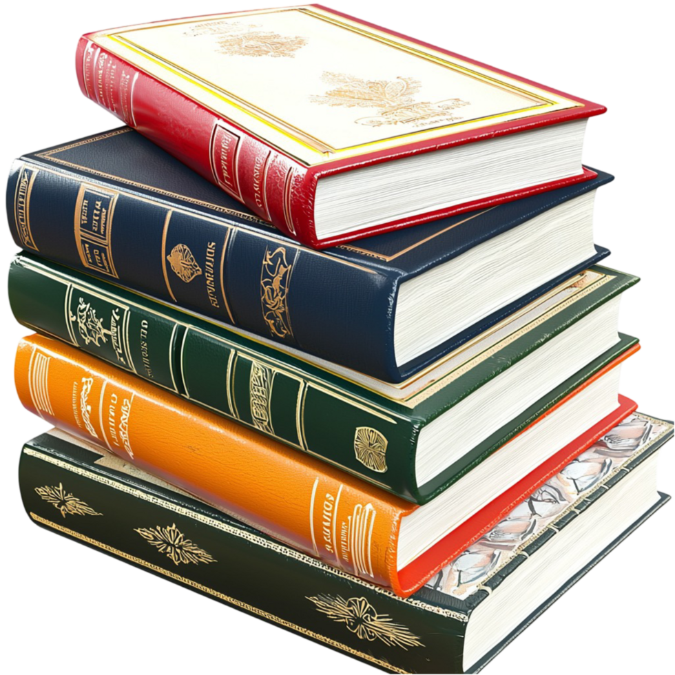 Tall stack of hardcover books colorful bindings png