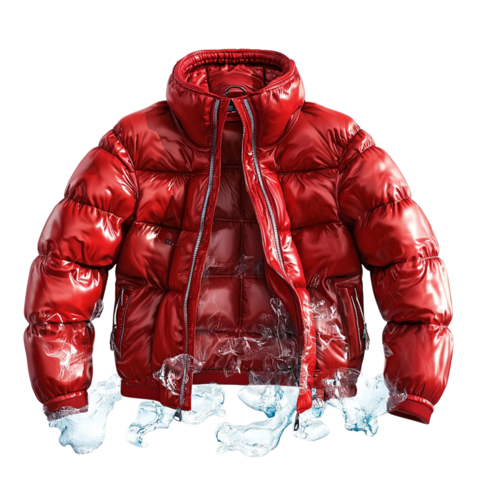 Red puffer jacket covered in frost ice showing its cold temperature png