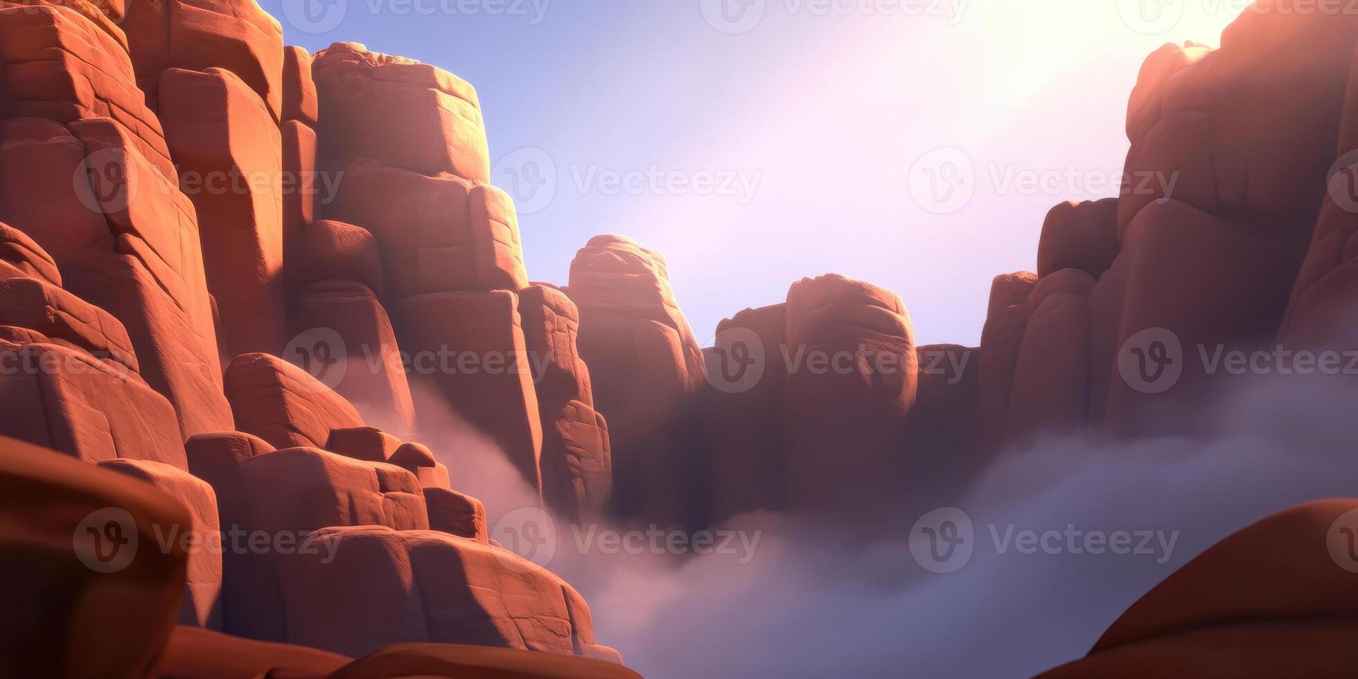 Majestic Red Rock Formations Rising Above Misty Canyon at Sunrise photo