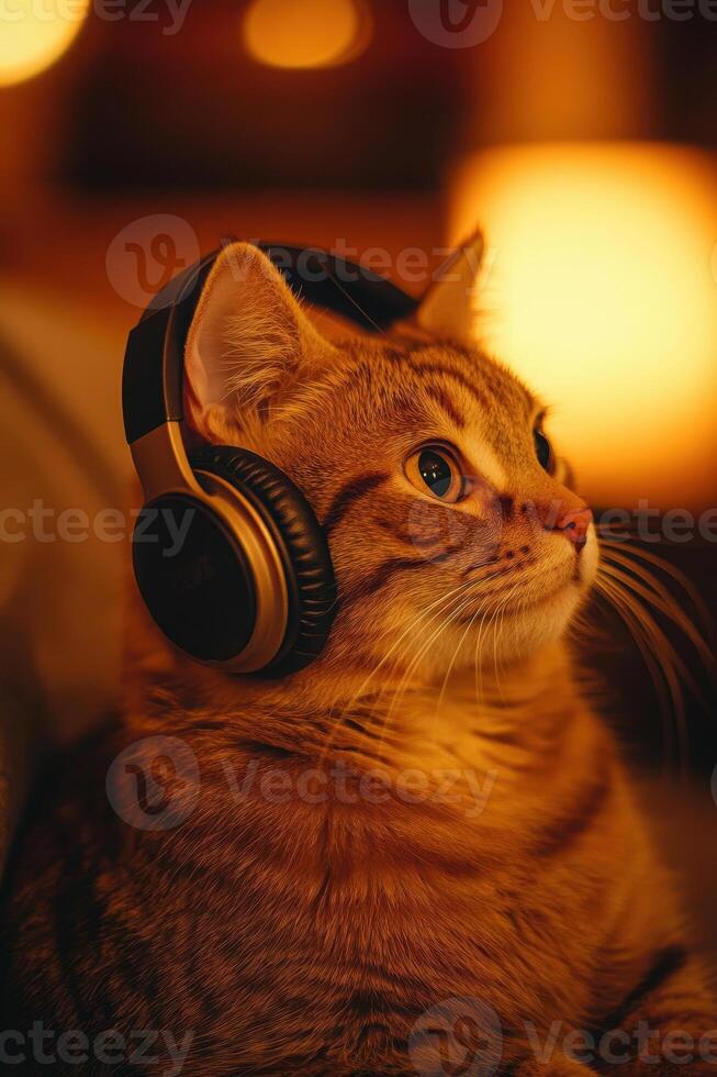 Chill Vibes Cat Enjoying Music with Headphones in Warm Lighting photo