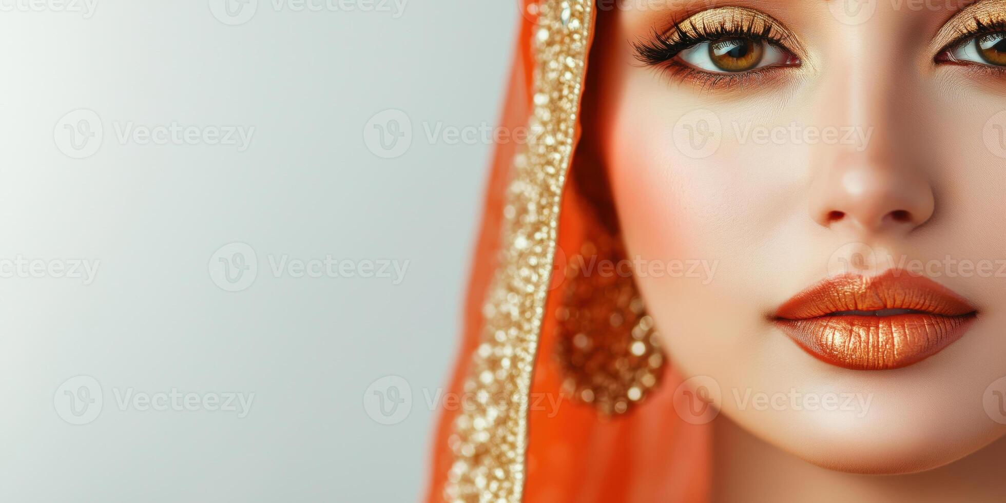 Elegant Portrait of a Woman in Ornate Traditional Attire with Bold Makeup photo