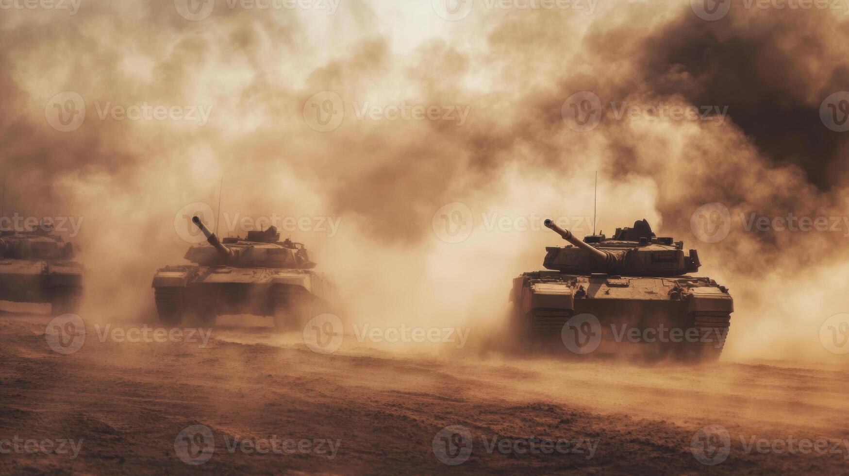 Armored Tanks Advancing Through Dusty Battlefield at Sunset photo