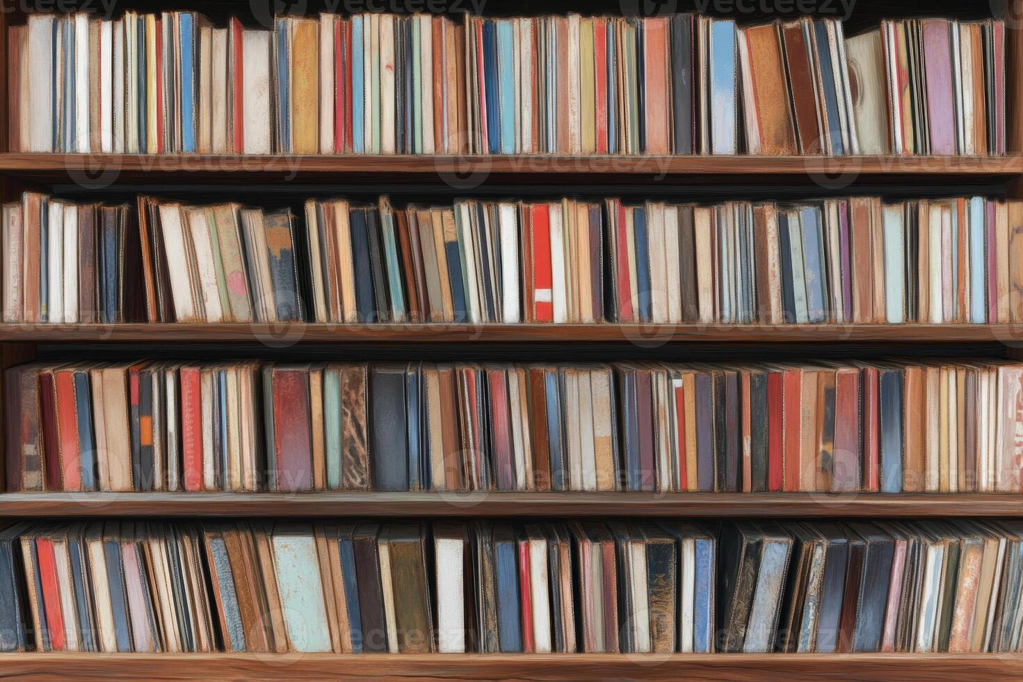 Colorful Vintage Bookshelf Displayed in a Cozy Library Setting photo