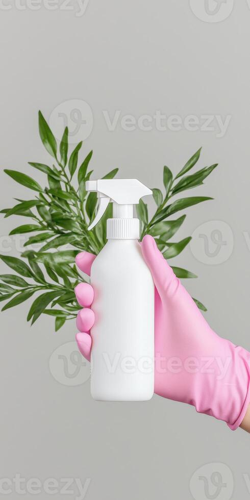 Eco Friendly Cleaning Hand in Pink Glove Holding Spray Bottle with Greenery photo