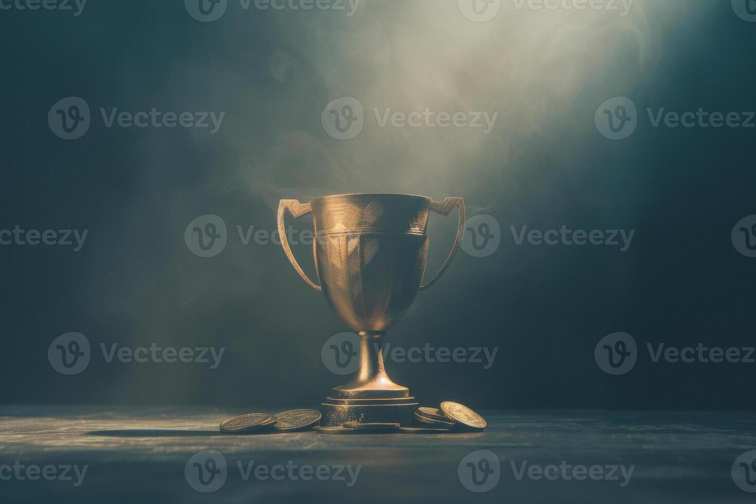 Golden Trophy Against Dramatic Smoky Background with Shimmering Coins on a Dark Surface photo