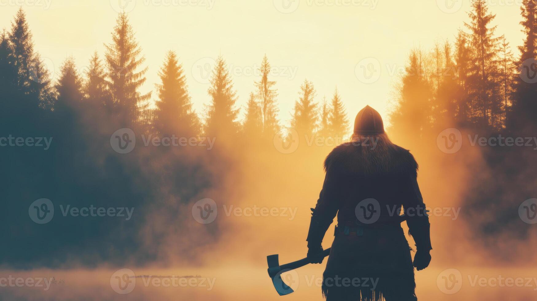 Viking Warrior Silhouette at Sunrise in Misty Forest photo