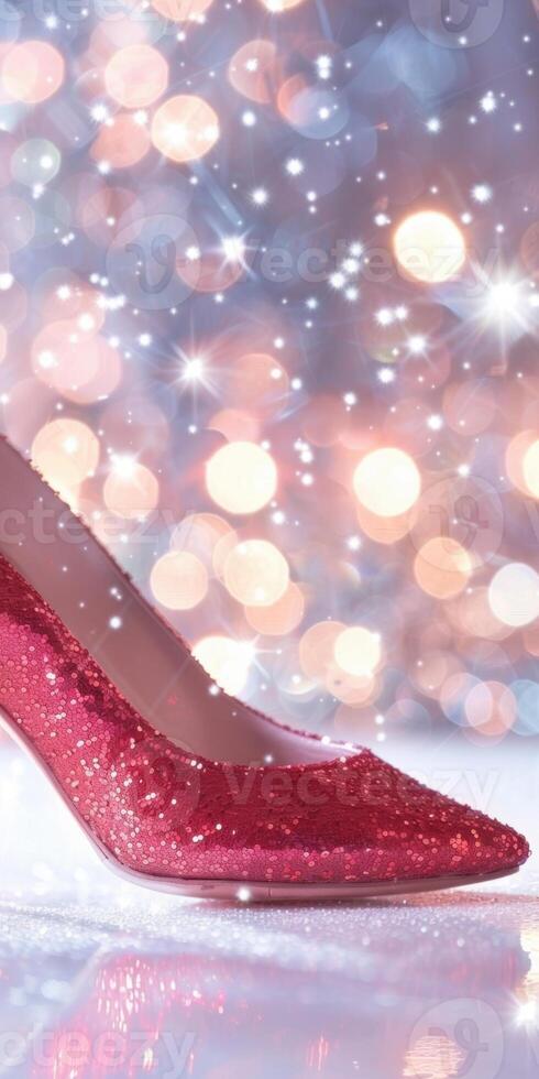 Glittering red high heel shoe on ice with magical winter lighting and sparkling bokeh photo