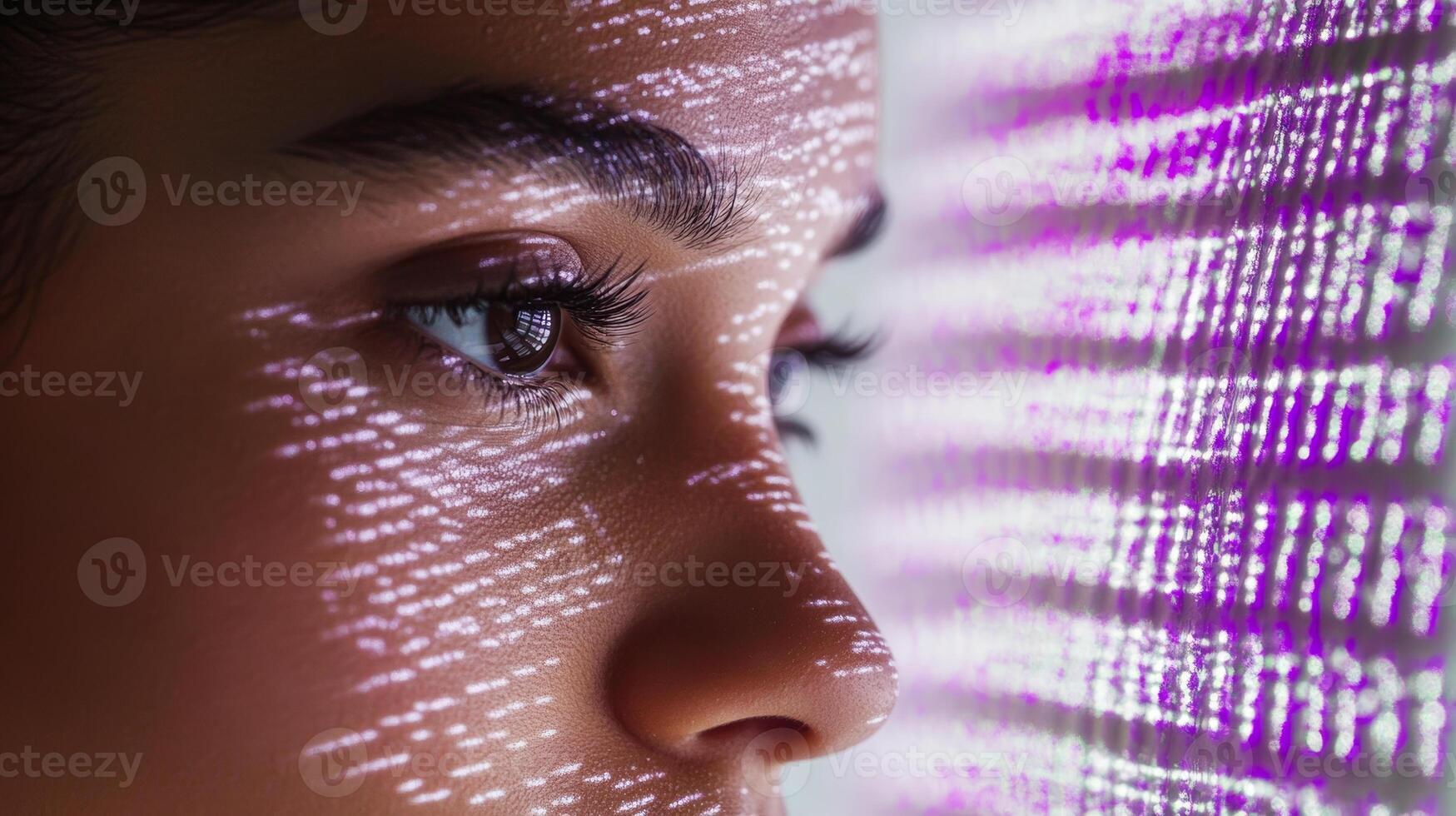 Digital Code Projection on Face of Contemplative Person in Futuristic Setting photo