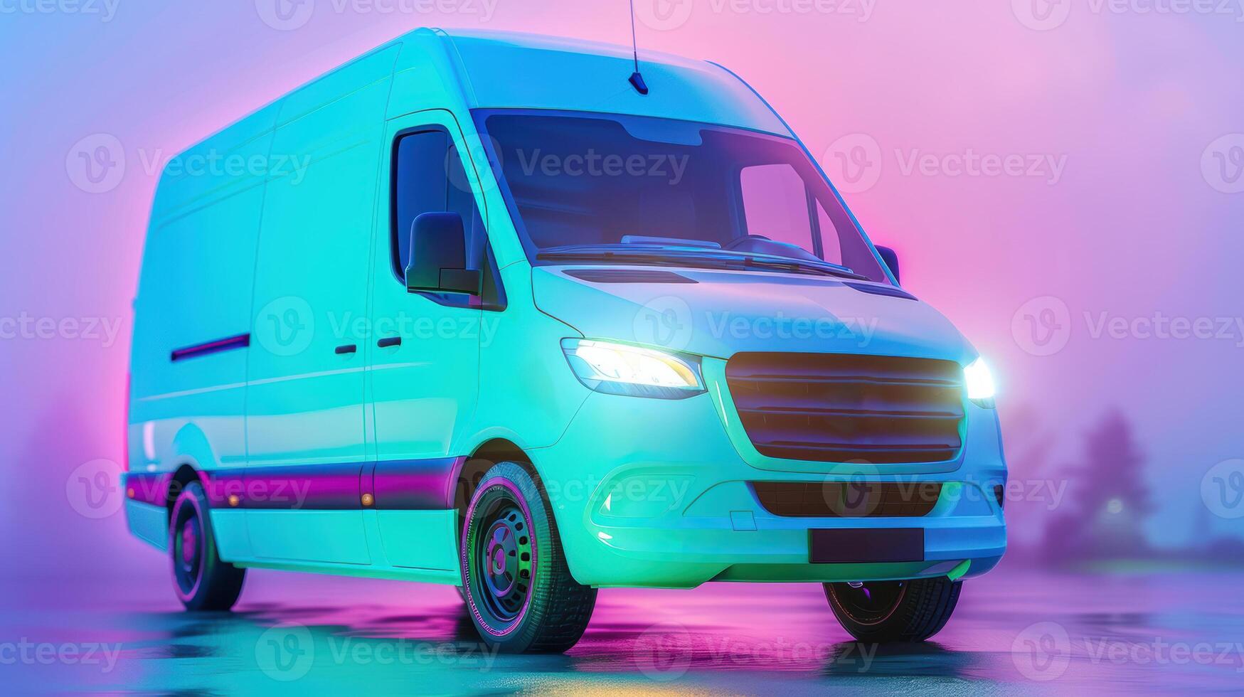 Modern white van parked in neon lit environment at dusk photo