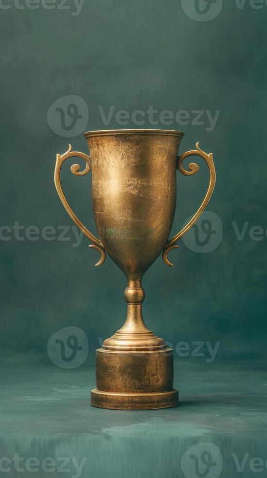 Golden Trophy with Elegant Handles on a Green Background Symbolizing Achievement and Victory photo