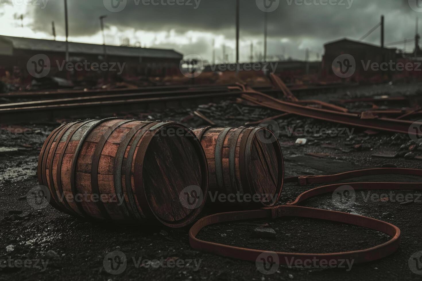 Vintage Barrels on Abandoned Industrial Train Track Under Cloudy Sky photo