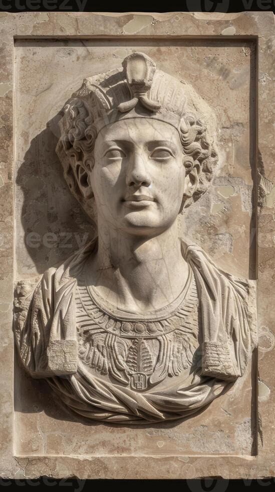 Ancient egyptian bas relief of young man with traditional headdress carved in stone photo