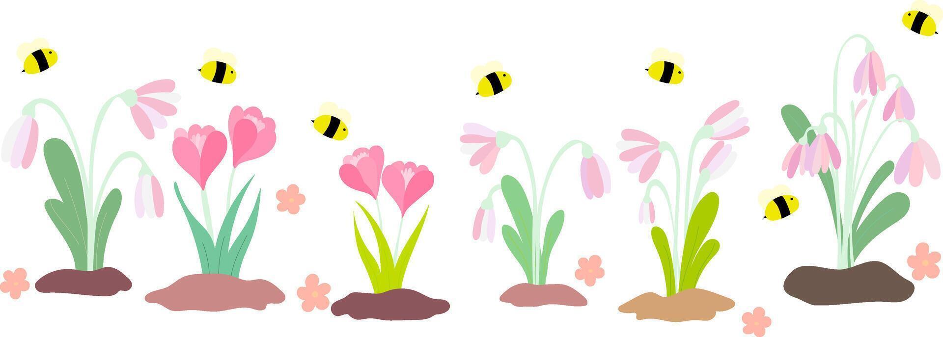 Pink flowers on a isolate background with a soft and elegant look. Bees gently circle the flowers. First of Spring time concept. vector