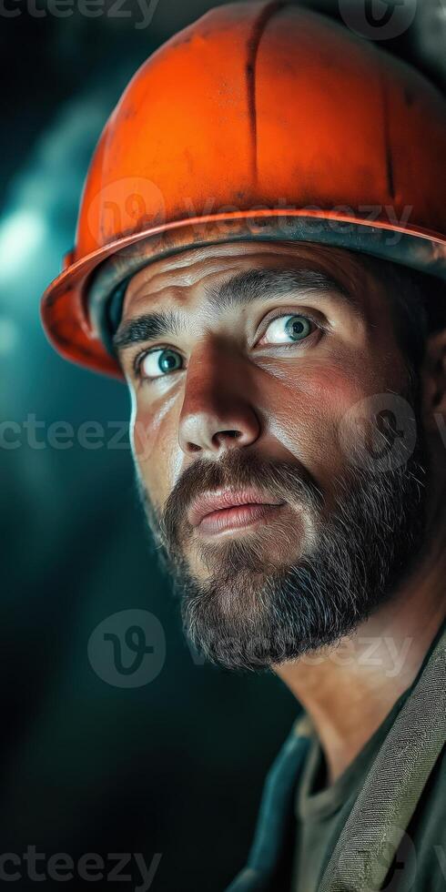 Portrait of a Rugged Miner in an Orange Helmet with Intense Expression photo