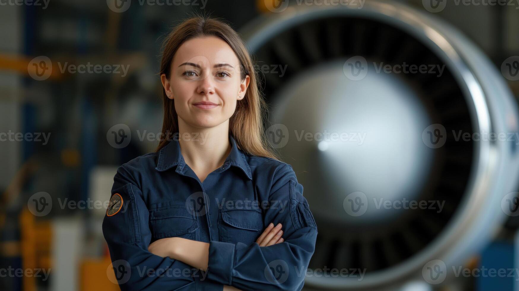 Confident Female Engineer Standing in Front of Jet Engine in Industrial Setting photo
