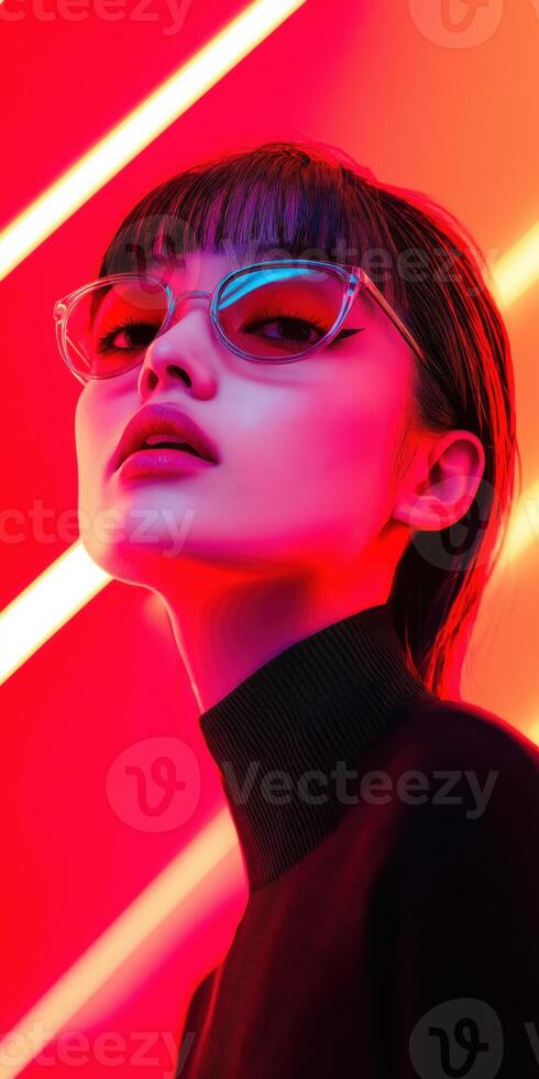 Futuristic Fashion Portrait with Neon Lights and Stylish Glasses photo