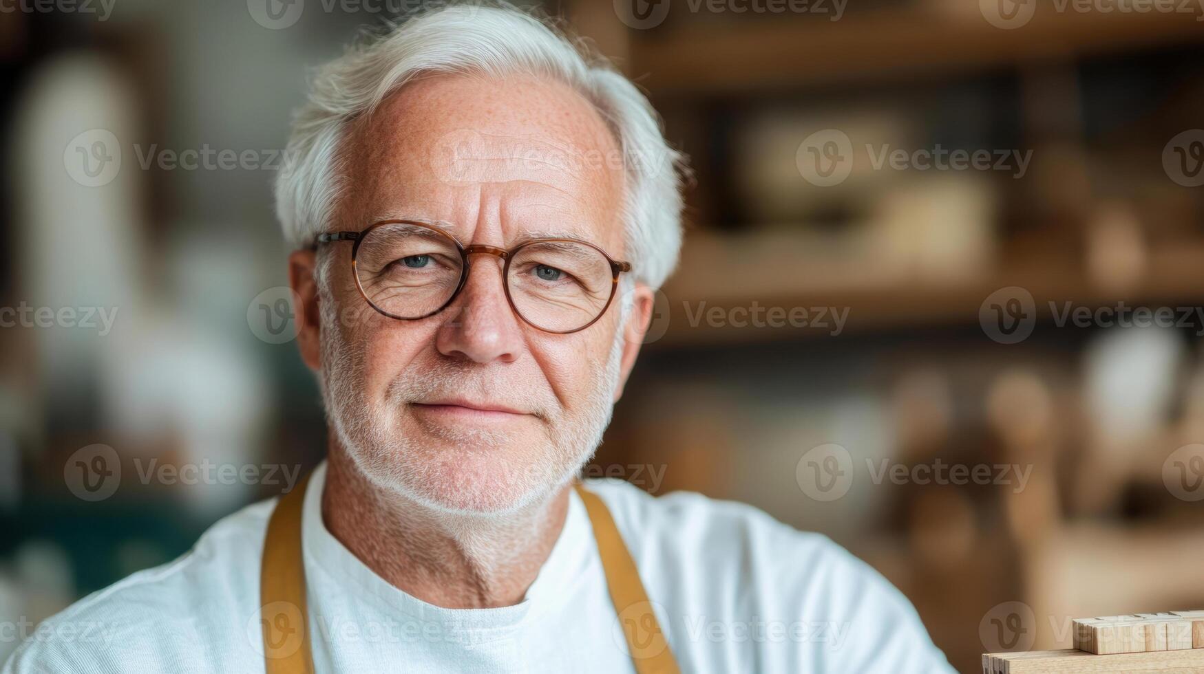 Mature Caucasian man in a woodworking studio with glasses and apron, surrounded by handcrafted creations and tools photo