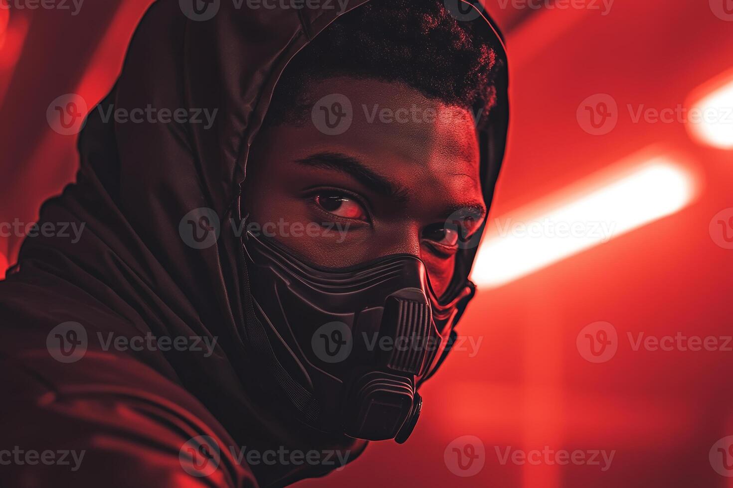 Futuristic Portrait of a Masked Individual in Red Neon Lighting photo