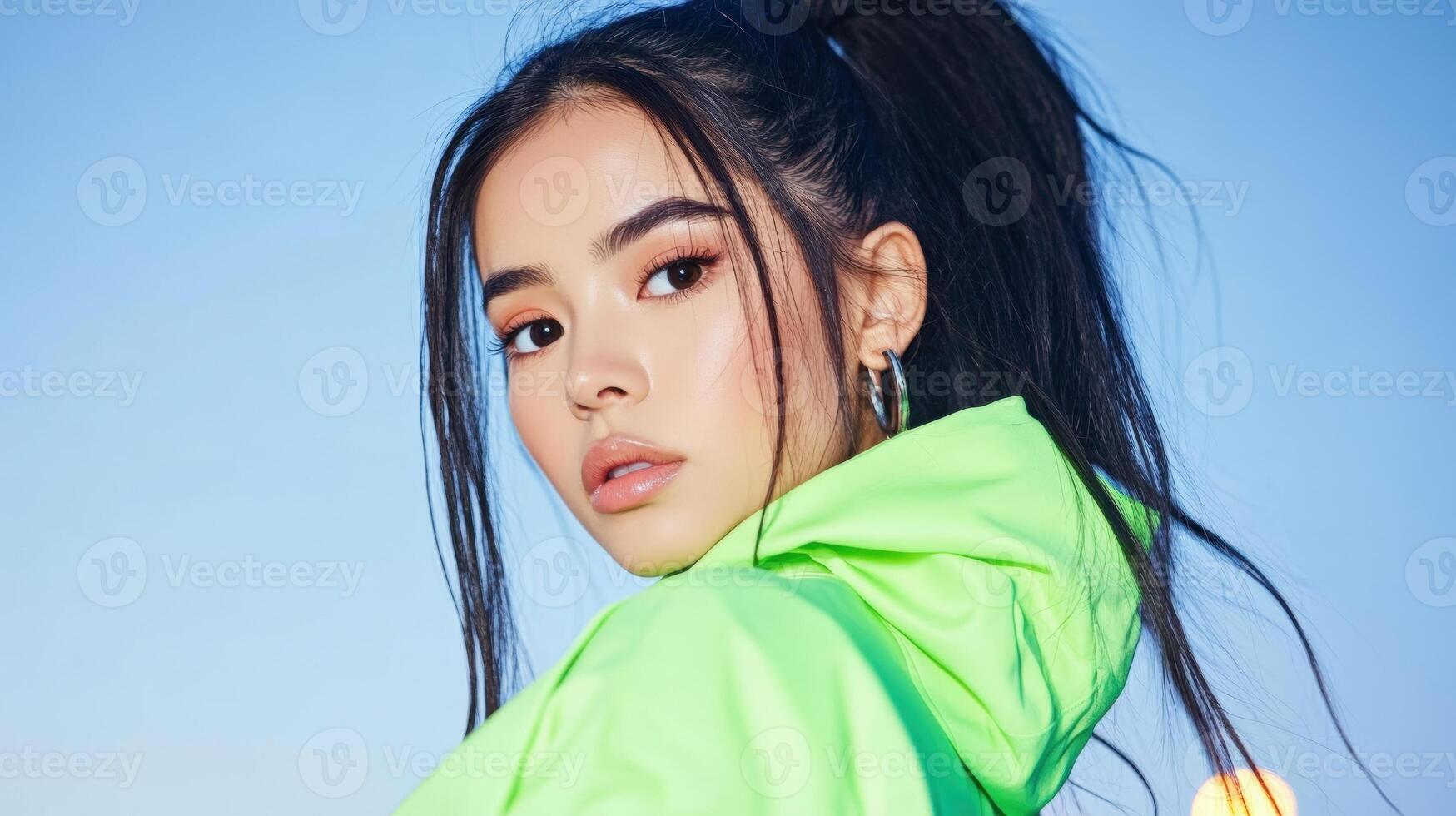 Portrait of Stylish Young Woman in Neon Jacket Against Blue Sky photo