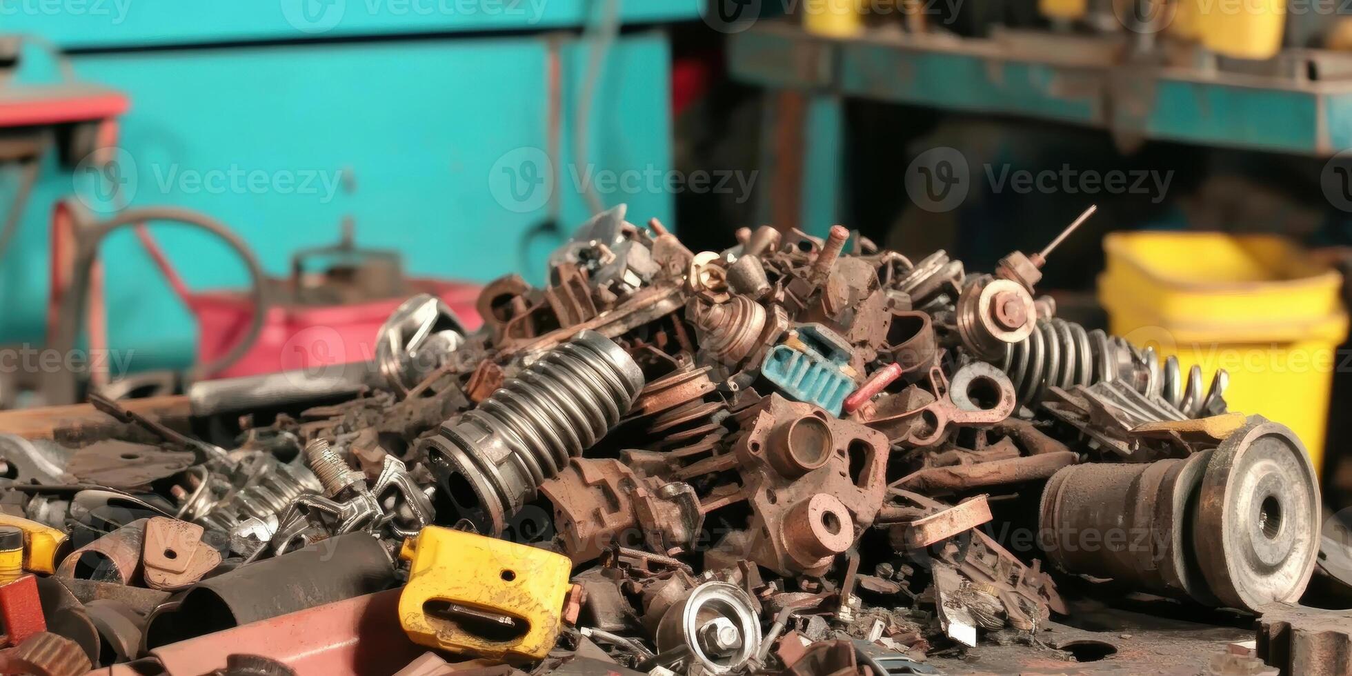 Rusty Scrap Metal Parts Pile in Garage Workshop Junkyard photo
