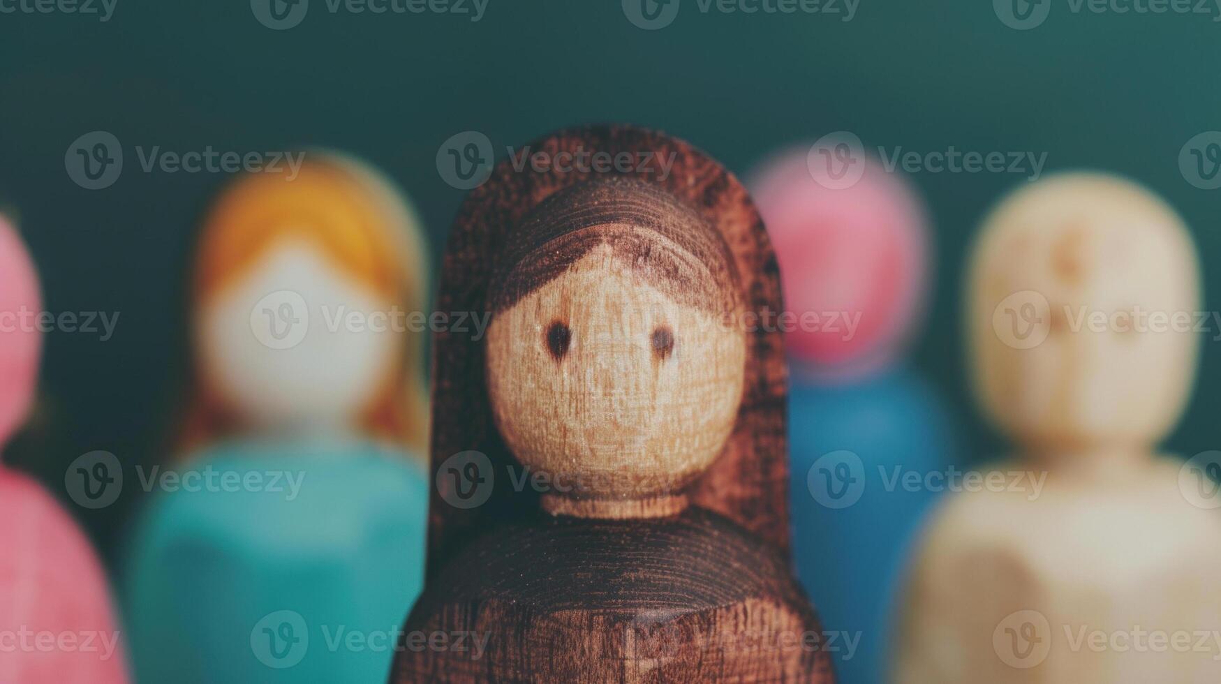 Wooden dolls in a group setting with one in focus photo