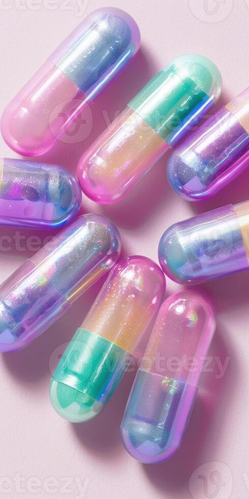 Colorful transparent capsules with iridescent glow arranged on pink surface photo