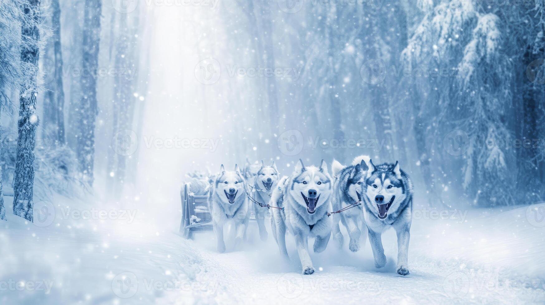 Dynamic Husky Sled Team Navigating a Snowy Forest in Winter Wonderland photo