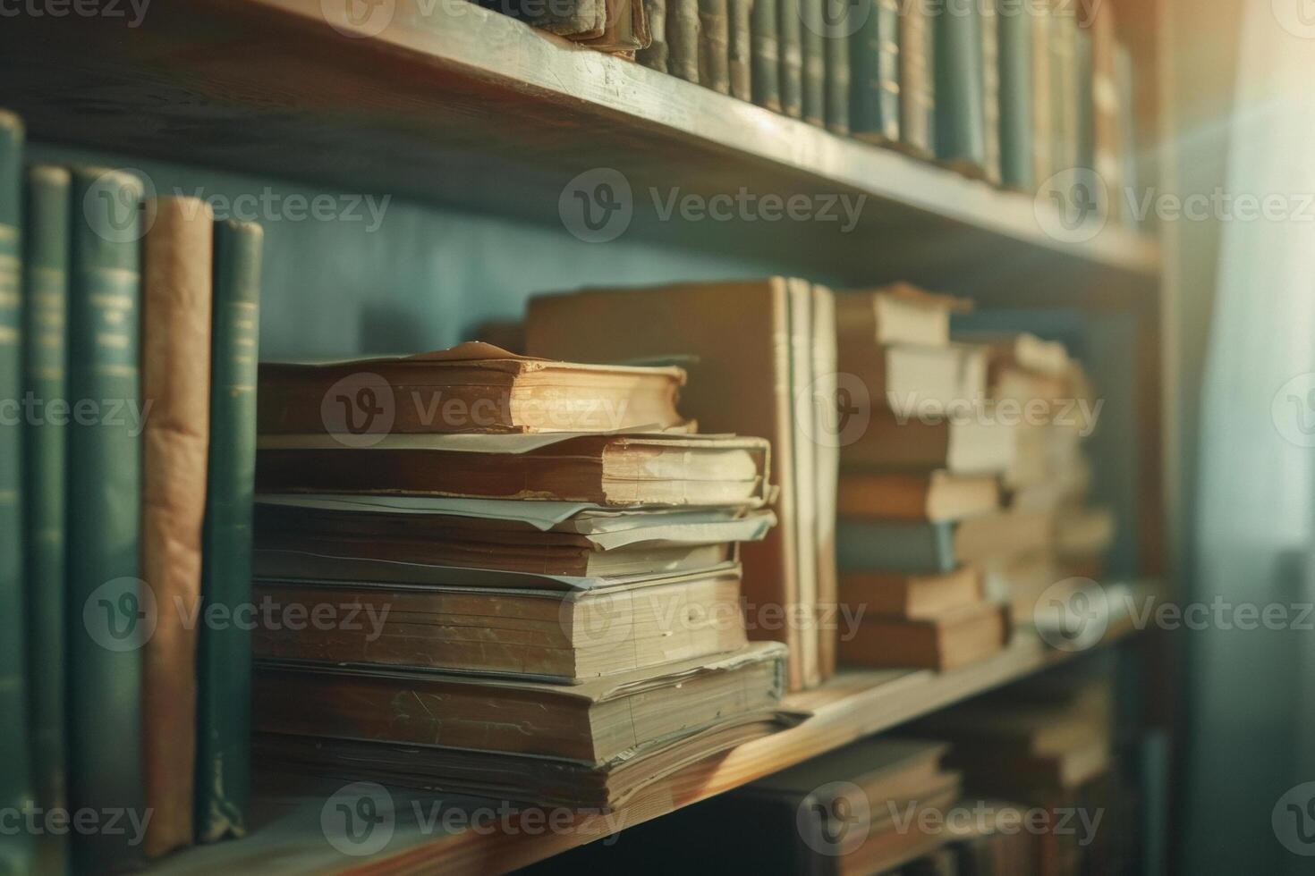 Vintage Books on Dusty Wooden Shelves Illuminated by Warm Sunlight in a Quiet Library Nook photo