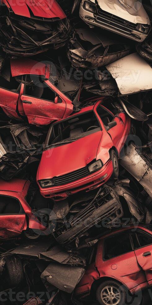 Stacked Scrap Cars Red and White Vehicles in Junkyard Contrast photo