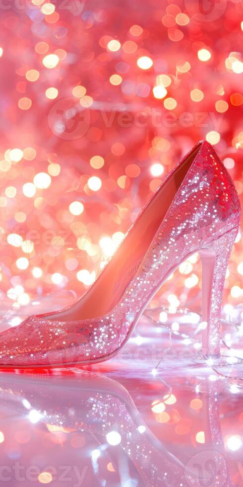 Sparkling high heel shoe amidst glittering red and gold bokeh background photo