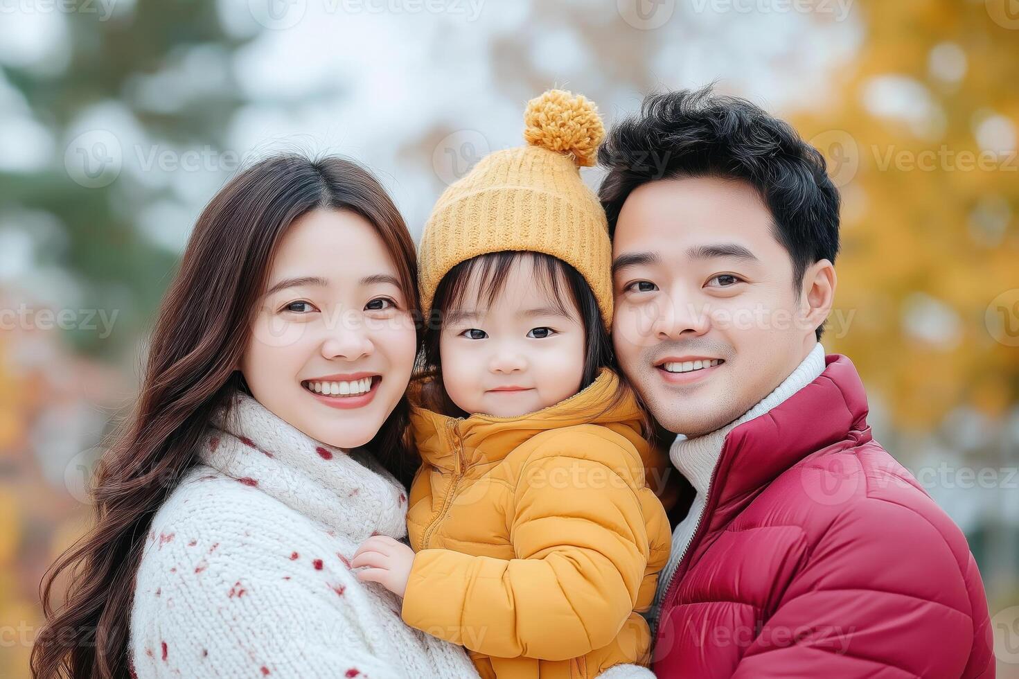 Happy Family Embracing in Autumn Park Warm Smiles and Coziness Amidst Fall Colors photo