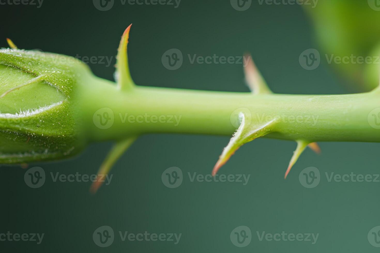 Macro Shot of Rose Thorn on Stem Against Green Background photo