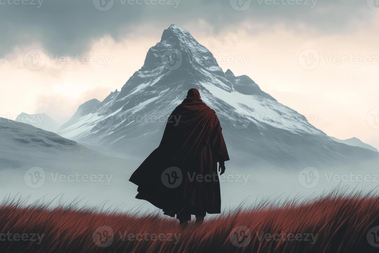 Solitary Figure in Cloak Facing Majestic SnowCapped Mountain in Misty Landscape photo