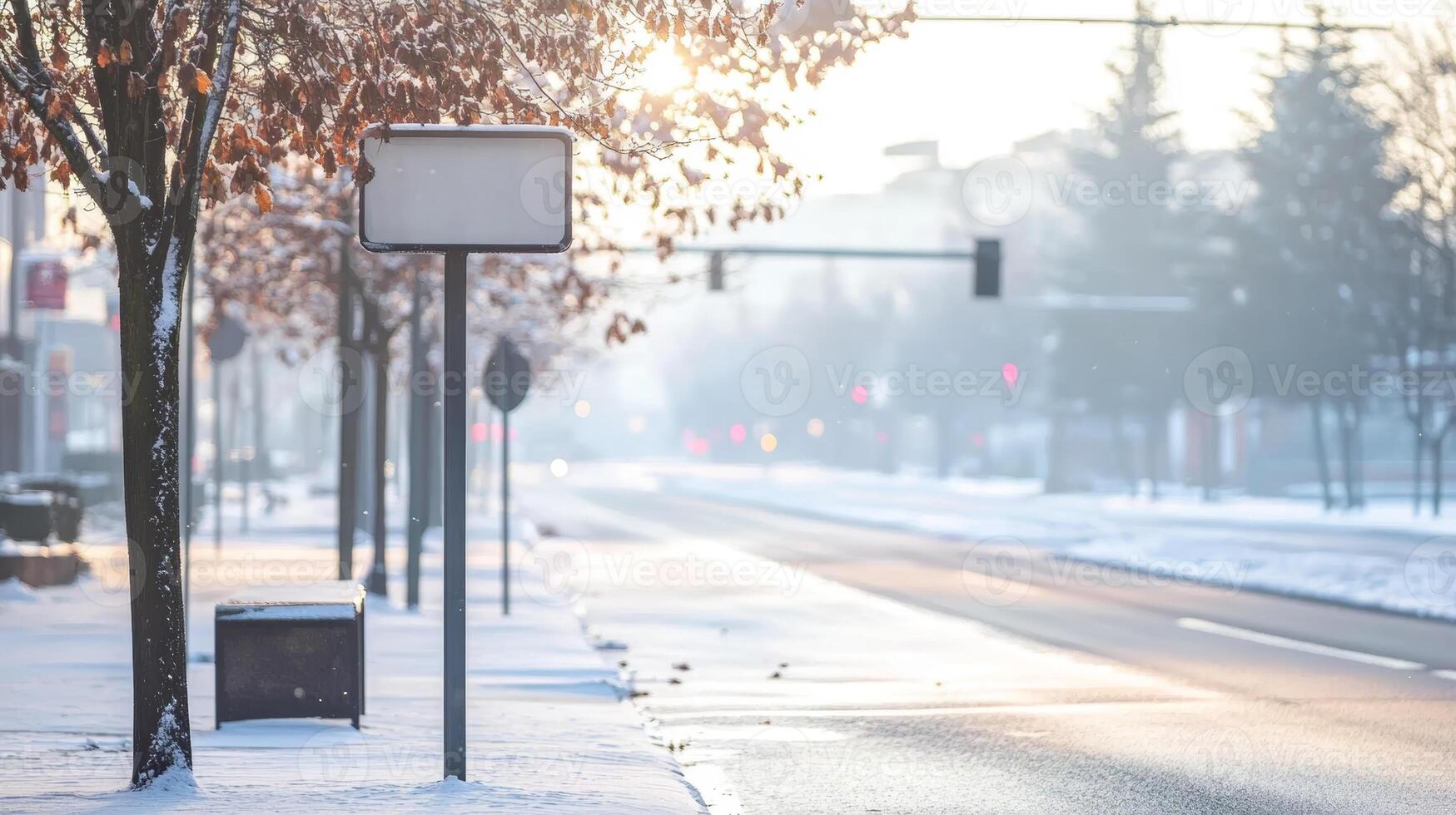 Serene Winter Morning on a Snow Covered Urban Street with Sunlight photo