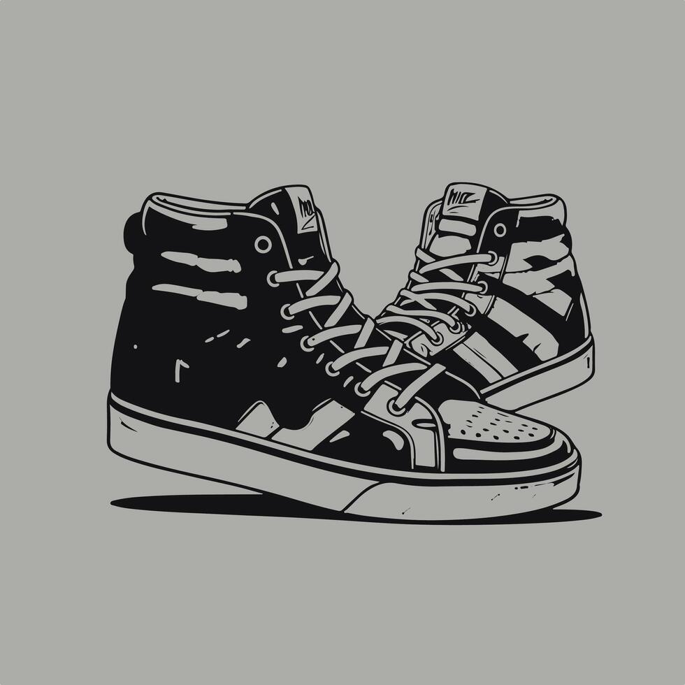A monochrome digital illustration of a pair of stylish high-top sneakers with detailed laces and textured panels. vector