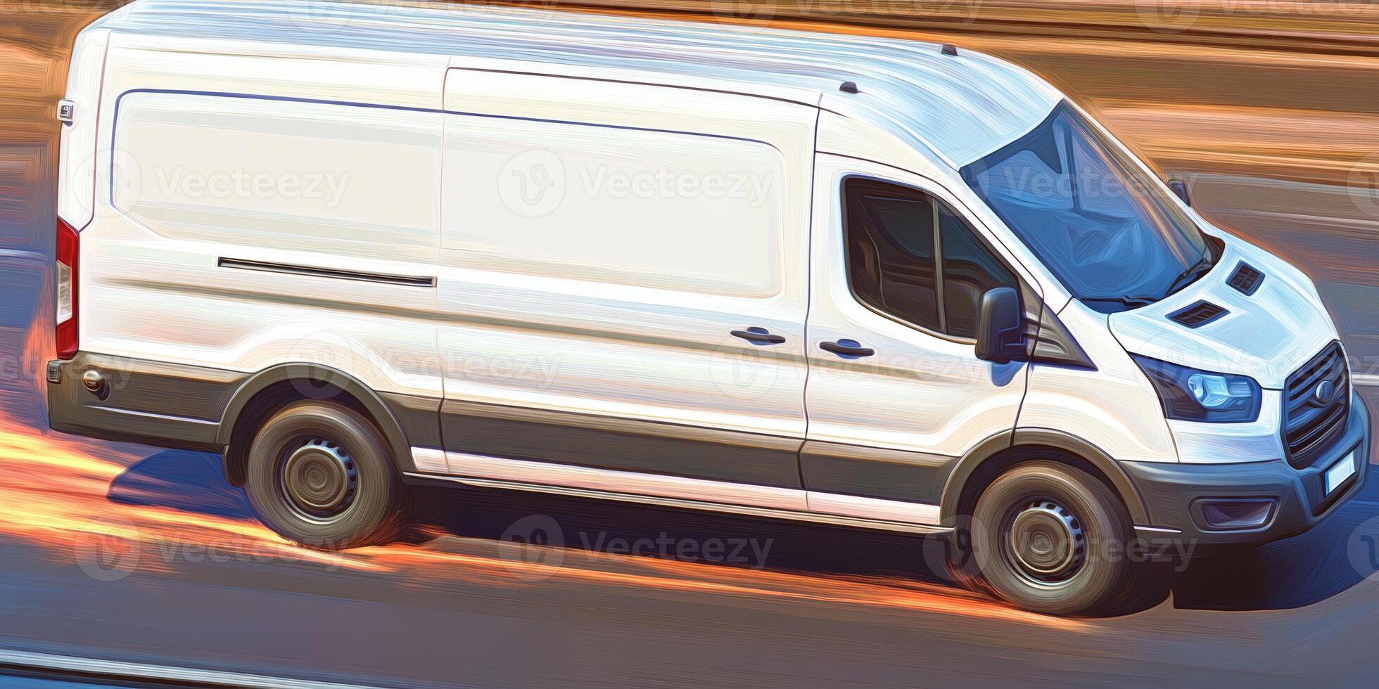 Speeding White Van on Highway with Motion Blur Effect and Fiery Streaks photo